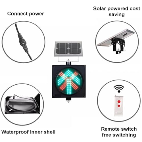 Lampa kontrolna ruchu słonecznego, 300 mm, czerwony krzyż, zielona strzałka z pilotem zdalnego sterowania, przemysłowe światło ostrzegawcze, panel słoneczny z kontrolerem/sekwencerem