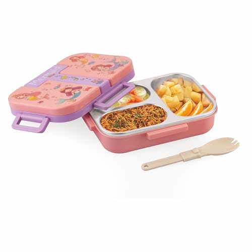 ATTRO Tangy Bite Stainless Steel Lunch Box – 3 Compartment Bento Tiffin, Leak-Proof & Durable, Plastic Spoon, Ideal for Kids, School, Picnic– Peach- 600ml-Mermaid Theme