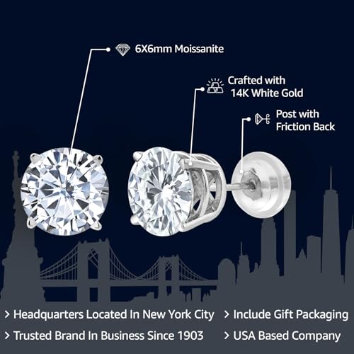 Gem Stone King Solid 14K White Gold Moissanite Stud Earrings For Women Men | 1.60 Cttw | Round 6MM2