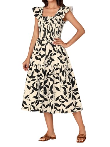 Image of Rooscier Women's A Line Smocked Midi Dress | Summer Sleeveless Square Neck Casual Sundress