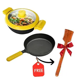 GEMMA Combo of 2 - Cast Iron Kadhai with Glass Lid (3L)(23CM) &Frying Pan(2L)-(24Cm) |Induction & Gas Compatible|100% Pure Cast Iron |Non Toxic|Stick Free|Weight-(2.4kg),(2.25kg)|(Yellow)|