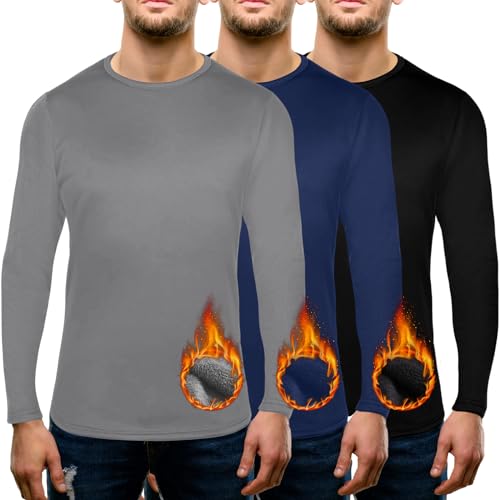 Patelai 3 Pack Thermal Underwear for Men Top Crew Neck Long Sleeve Shirt Fleece Lined Base Layer for Cold Weather