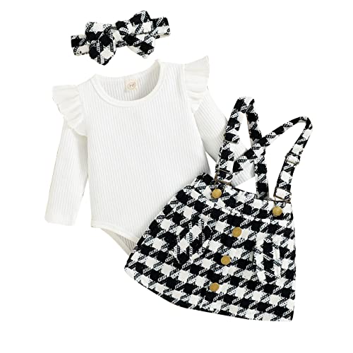 Newborn Suspender Dress Baby Girl Clothes Christmas Outfit Long Sleeve Ruffle Romper Plaid Suspender Skirt Bow Headband 3 (Black, 18-24M)