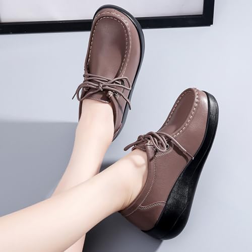 Image of Women's Leather Lace up Slip On Platform Loafers,Comfortable Arch Support Round Toe Wedge Moccasins Non-Slip Increase Height Nurse Work Shoes