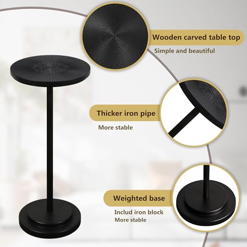 COVLON Drink Table, Carved Table Top Martini Table, Small Side Table, Weighted Base Pedestal Table for Living Room, Bedroom, Modern, Black