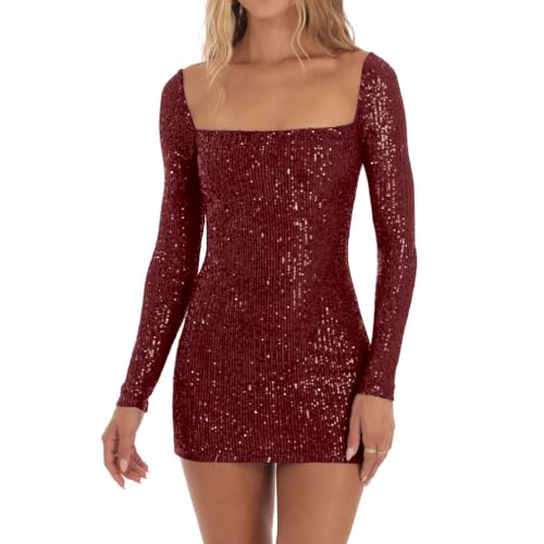 Women Sexy Long Sleeve Sparkly Sequin Bodycon Mini Dress Square Neck See Through Backless Self Tie Up Short Dress