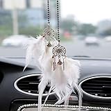Car Rear View Mirror Hanging Pendant, Feather Dream Catcher Crystal Charm Bling Car Deco Accessories for Women (White)