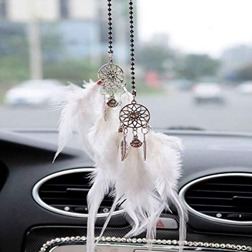 Car Rear View Mirror Hanging Pendant, Feather Dream Catcher Crystal Charm Bling Car Deco Accessories for Women (White)