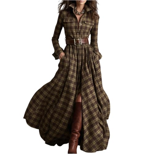 Kariertes Maxikleid für Damen, Vintage Langes A-Linien Kleid mit V-Ausschnitt, Elegant Hemdkleid,Asymmetrischer Saum Western Cowgirl Kleid...
