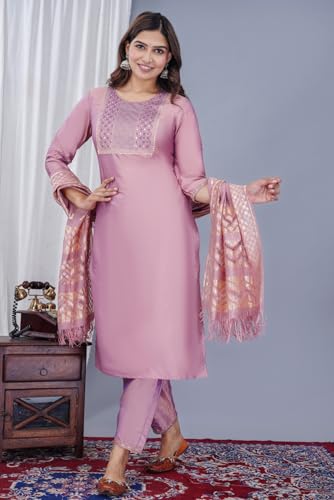 Image of Women's Silk Embroidered Kurta with Pant and Dupatta Set, Straight Style