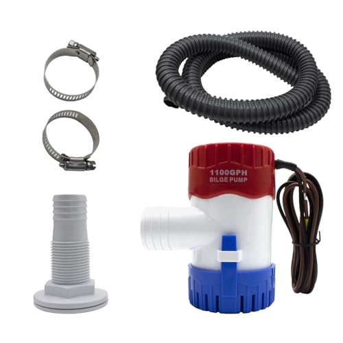 AIRTAK 1-1/8 Inch 1100GPH Electric Bilge Pump Kit - 12V Submersible Boat Bilge Water Pump with Thru-Hull Fitting & 2 Stainless Steel Clamps - Compatible with Yachts, Pools, and Marine Applications