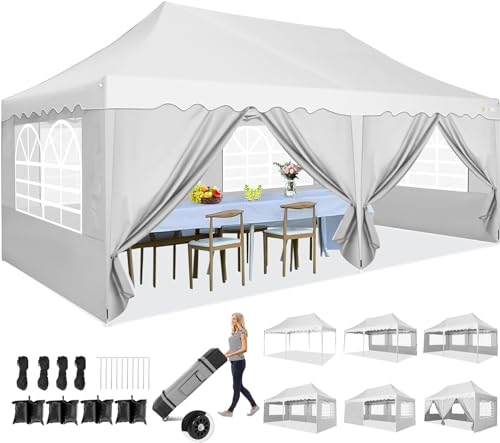 Image of HOTEEL Folding Gazebo 3 x 6 Gazebo Waterproof Stable Party Tent Foldable Folding Tent with 6 Side Walls & Roll Bag & 4 Sand Bags, Easy Assembly for Weddings, Commerce, Parties, UV50+ Protection, White