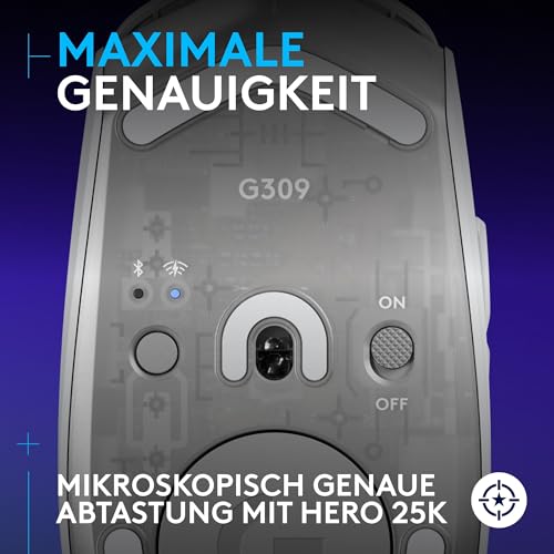 Logitech G G309 LIGHTSPEED kabellose Gaming-Maus, leicht, LIGHTFORCE-Hybridschalter, HERO 25K-Sensor, über 300 Stunden Akkulaufzeit mit AA-Batterie, 6 programmierbare Tasten, PC und Mac - Weiß 4