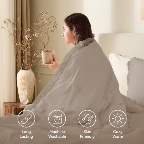 Image of Andency Comforter Full Size Set Khaki, 3 Pieces Boho Winter Lightweight Bedding Comforter Sets, All Season Tassel Bed Set (79x90In Comforter & 2 Pillowcases)