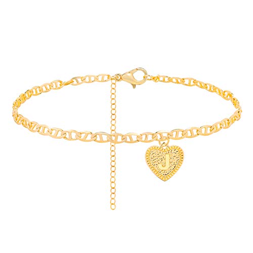 Initial Anklet Gold Ankle Bracelets for Women, Mariner Chain Letter Anklet with Initials Cute Summer Anklets for Women Girls (J)