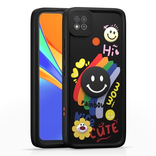 Image of Pikkme Back Cover for Mi Redmi 10A / Redmi 9 / Redmi 9C / 9 Activ /Poco C31 | Soft Silicone| Cute Rainbow Smile & 3D Cartoon Flower Design | Shockproof Raised Camera Protection Bumper Case (Black)