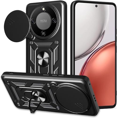 Image of Casodon Heavy Duty Back Case Cover for Honor X9A 5G, Shockproof Honor X9A Back Cover, Ring Case with Kickstand and Camera Protection Shutter - Black