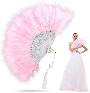 dafuhao 1920s Feather Folding Hand Fan, Vintage Flapper Feather Handheld Fans for Burlesque Costume Vintage Wedding Gatsby Party Dance Fan (Pink)
