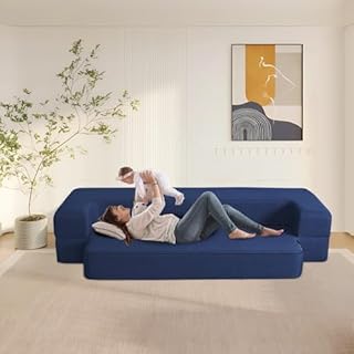 ANONER Canapé de Sol Convertible Canapé Convertible 2 Places, Canapé Lit en Mousse à Mémoire de Forme, Matelas Pliant Sofa Lavable Full Size pour Chambre Salon, Bleu Foncé