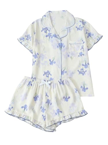 Image of Verdusa Women's 2 Piece Floral Bow Pajama Set Short Sleeve Button Down Shirt and Shorts Set