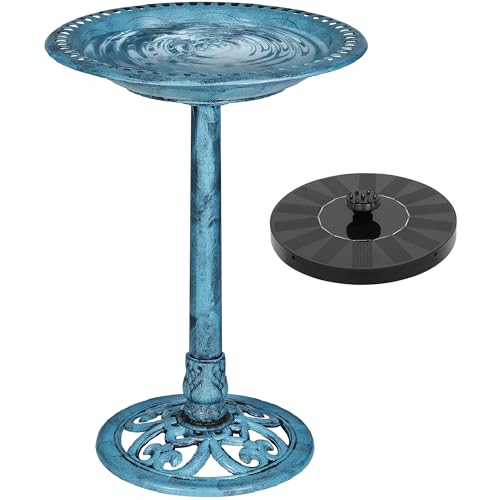 VECELO 28" Pedestal Outdoor Bird Bath with Solar Powered Fountain for Outside, Vintage Bronze Polyresin Lightweight Antique, Yard/Garden Decoration, Blue