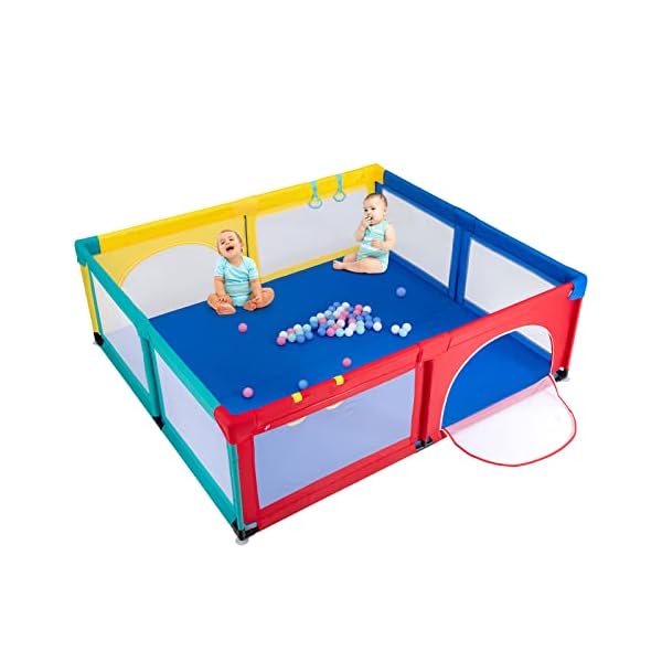Costzon baby playpen for toddler large play yard indoor outdoor kids activity center with ocean balls non slip suction cups handlebars breathable mesh zipper door playpen for babies  urban country home decor