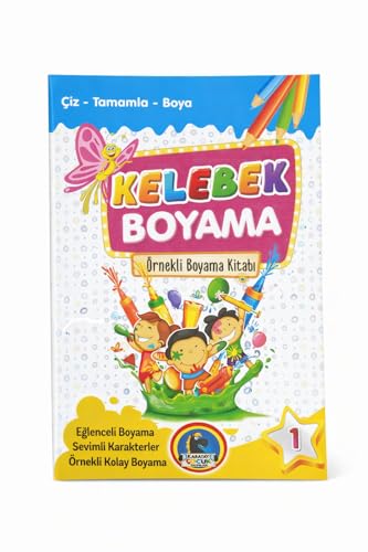 Çocuk Kelebek Resim Boyama Kitabı, 2'li Set, Örnekli, 32 Sayfa, 6 Renkli Kalem Dahil, Çiz-Tamamla-Boya