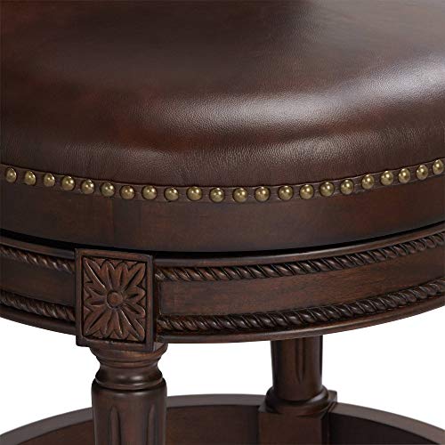 55 Downing Street Addison Walnut Wood Swivel Bar Stool Brown 26" High Traditional Scroll Mocha Grain Leather Upholstered Round Cushion With Backrest Footrest For Kitchen Counter Island Home #TOP2