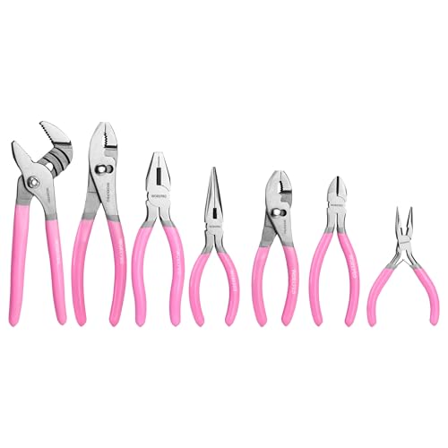 WORKPRO 7-piece Pliers Set with Groove Joint, Long Nose, Slip Joint, Linesman, and Diagonal Pliers for DIY & Home Use - Pink Ribbon Gray, Pink