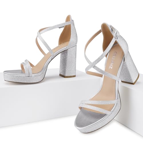 Image of CELLENZ Women Strappy Platform Heels: 3.4 Inch Chunky Heeled Sandals, Comfortable Sexy Block High Heels, for Prom Party Bridal Wedding Black White Silver Nude Dressy Shoes