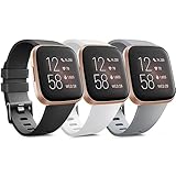 PACK 3 Soft Silicone Bands Compatible for Fitbit Versa 2 / Fitbit Versa/Fitbit Versa Lite Adjustable Sport Bands for Women Men Small Large (Black+White+Grey, Large)