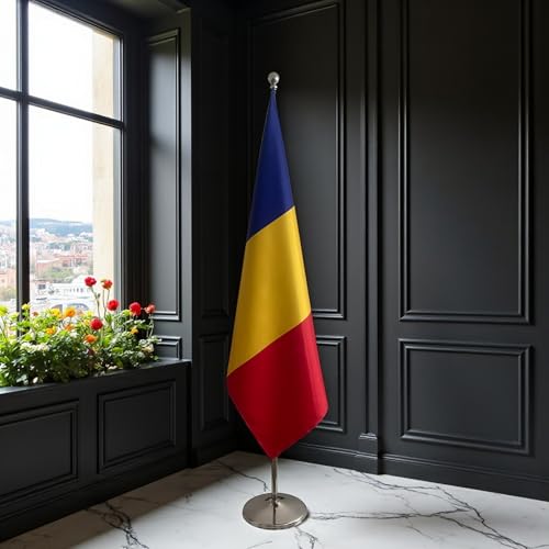 Drapeau Roumanie mât démontable et pied robuste, édition d'apparat