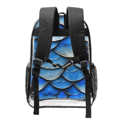 blue fish scale Print Work Travel Stadium Events Transparent Backpack PVC Clear Bag Large Side Pockets2