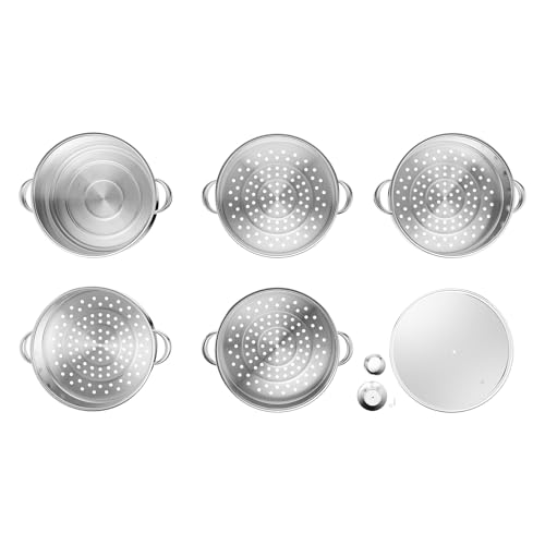 JUDEMII 28 cm Steamer Pans, 5 Tier Steamer Cooker Pot Set Stainless Steel Steamer Food Steam Pot Food Steamer with Vented Glass Lids Twin Handles Steamer for steaming and cooking