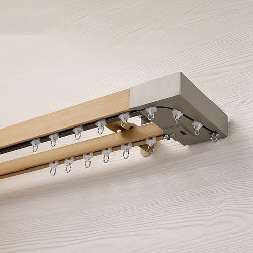 Heavy Duty Double Curtain Track - 4.6m (15.1ft) Imitation Wood Grain Wall Mounted - Elegant White Curtain Rods & Tracks for Stylish Home Decor & Window Treatments