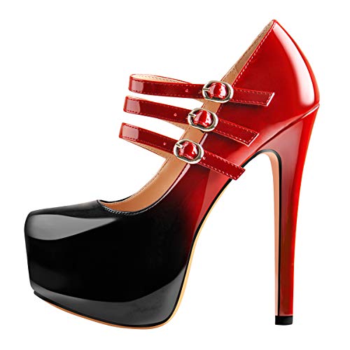 15cm Ankle Strap Pumps Platform Round Toe Patent High Heel Stiletto Black Red Size11