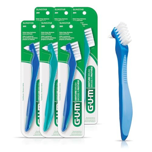 GUM Denture Brush - Dual Headed Hard Bristle Toothbrush for Dentures & Acrylic Retainers - Dentist Recommended Denture Cleaner 1ct (Pack of 6)