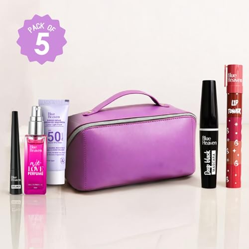 Image of Blue Heaven Glam Ready Beauty Makeup Kit|Gift Set with Free Makeup Pouch| Includes 4in1 Stackable Lipstick, Eyeliner, Mascara, Perfume & SPF50 Mini Sunscreen| Ideal for Gifting or daily use, Pack of 5