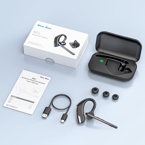 Image of New bee Bluetooth Headset, Wireless Bluetooth Earpiece for Cellphone with 500mah Charging Case 80h Playtime V5.2 Dual Mic Noise Cancelling Hands-Free Earphones for Office Driver