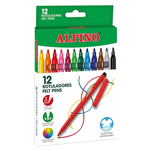 Alpino 12 Rotuladores de Colores | Rotulador de Punta Resistente de 3mm para Colorear | Tinta Súper Lavable y de Larga Duración | Estuche de Rotuladores de Colores Brillantes | Material Escolar