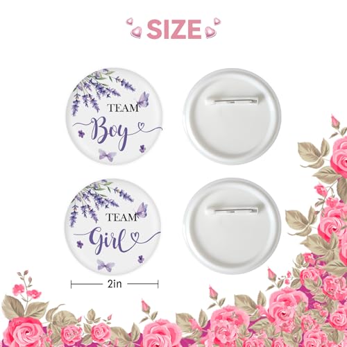 10 Pcs Lavender Gender Reveal Button Pins, Purple Flower Team Boy Team Girl Badge Pins, Lavender Flower Gender Reveal Button, Boy or Girl Stain Brooch for Baby Shower Party Decorations2