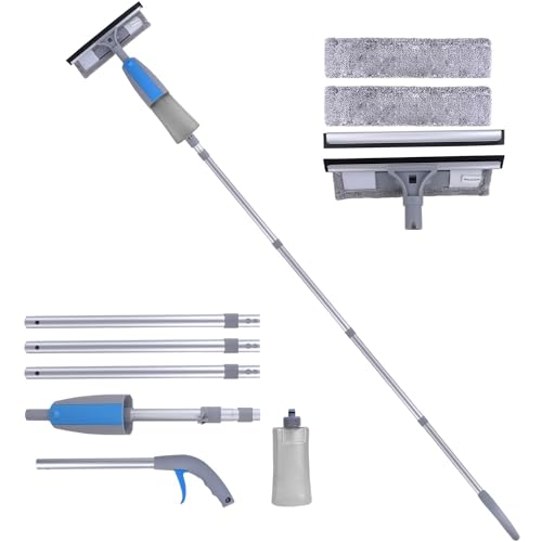 Wiseten Window Squeegee Cleaner Tool with Spray, 3-in-1 Window Washer Cleaning Kit with Extension Pole, 74.8 Telescopic Window Wiper, Glass Cleaning Tools for High Window Indoor/Outdoor