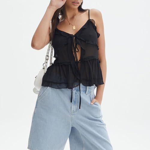 Women Y2K Ruffle Trim Cami Top Sexy Solid Color Sheer Mesh See Through Pleated Tank Top Summer Tie Front Camisole2
