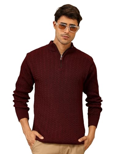 Image of Kvetoo Men's Full Sleeve High Neck Zipper Sweater| Warm Cable Knit Quarter Zip Pullover | Wool Winter Sweater for Casual & Office Wear