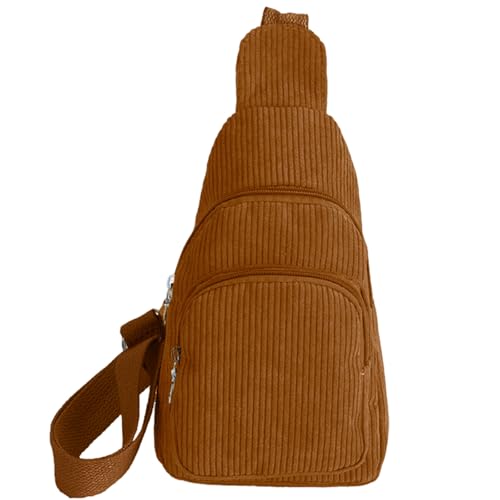 GUSXPPD Crossbody Damen, Klein Brusttasche, Cord Sling Bag, Vielseitige Brusttasche mit Verstellbarem Schultergurt für Outdoor Sport Reise Laufen Schule Einkaufen Spazierengehen (Braun)