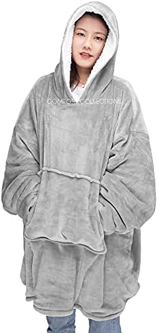 Kipswiza Coperta Oversize Indossabile In Pile Sherpa Con Cappuccio - Felpa Gigante Calda Con Tasche, Grigio/Bianco, Taglia Unica 5XL-6XL - 3