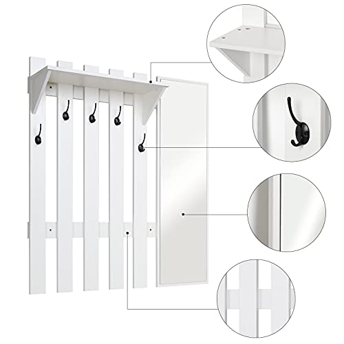 Meerveil Porte Manteau Mural avec Miroir, 5 Crochets pour Manteau avec Étagère Mural Moderne pour Le Couloir l'Entrée, 100 x 22 x 106 cm (Blanc) – vue 2