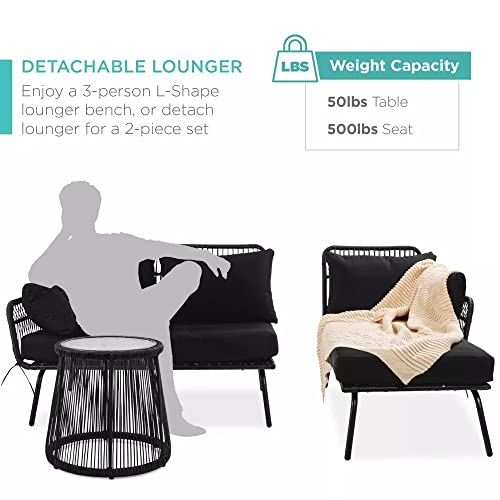 Image of DEVOKO 3 Piece Patio Conversation Set L-Shaped Sectional Sofa with Thick Cushions and Glass Top Coffee Table for Garden, Pool, Balcony (Black)