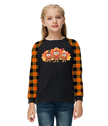 Image of Remimi Girls Thanksgiving Shirts Buffalo Plaid Raglan Tee Cute Turkey Holiday Party Long Sleeve Tshirt 5-14 Years
