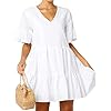 FANCYINN Womens White Cute Shift Dress Short Bell Sleeve Ruffle Hem V Neck Loose Swing Tunic Mini Dress with Pockets M